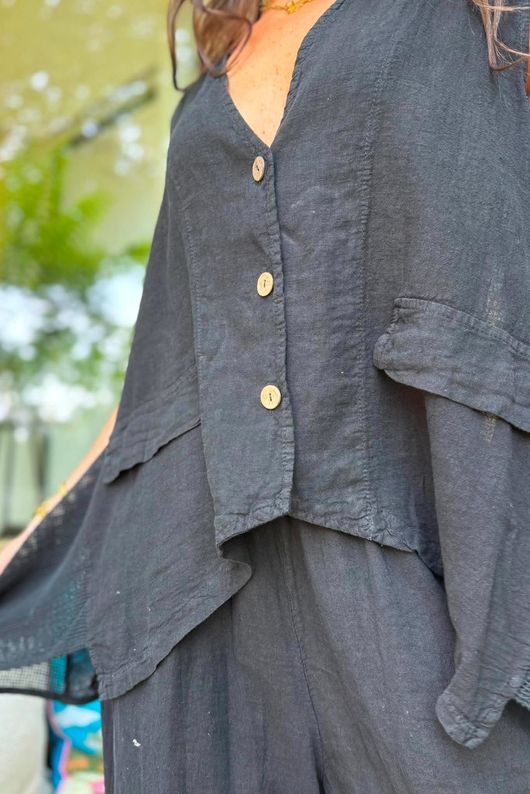 Sandbar Linen Blend 3 Button Dip Side Wasitcoat Black